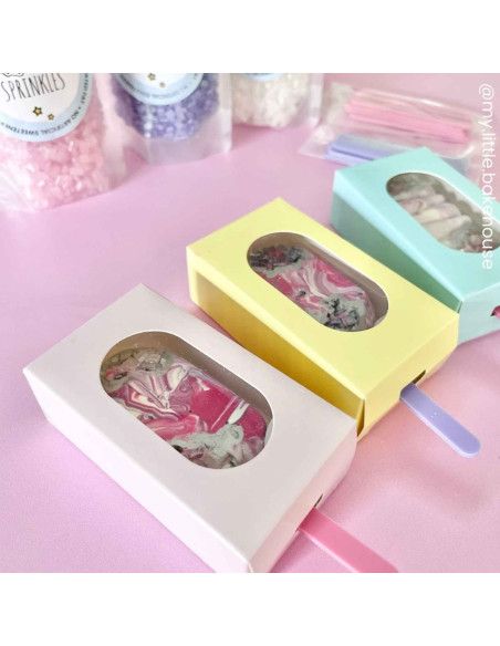 PACK 10 CAJAS CON VENTANA PARA HELADO DE BIZCOCHO CAKESICLE AZUL
