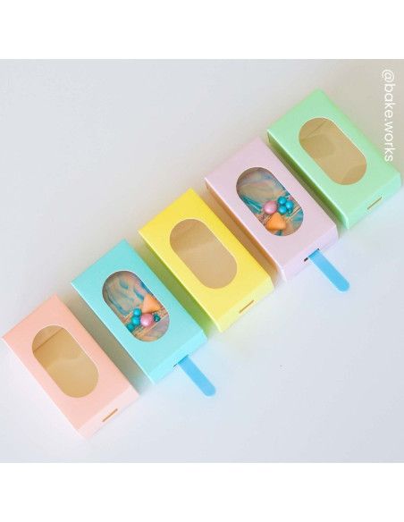 PACK 10 CAJAS CON VENTANA PARA HELADO DE BIZCOCHO CAKESICLE MELOCOTON PASTEL